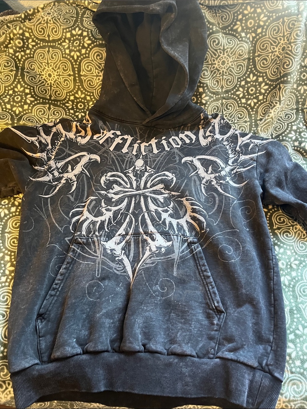 Affliction Black Distressed Zip-Up Hoodie with White Graphic Cross